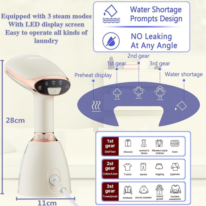 Fier de calcat vertical cu aburi, 1500W, 280ml capacitate, display LCD, perie, 220V, rose gold [3]