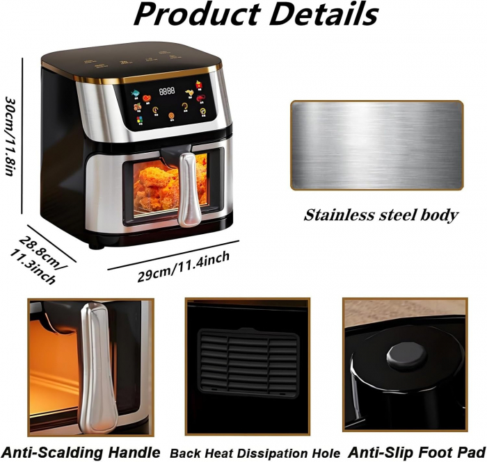 Friteuza cu aer, 10L Capacitate, 3000W, Afisaj Digital, LCD Touch, cu geam, SonyMax [10]