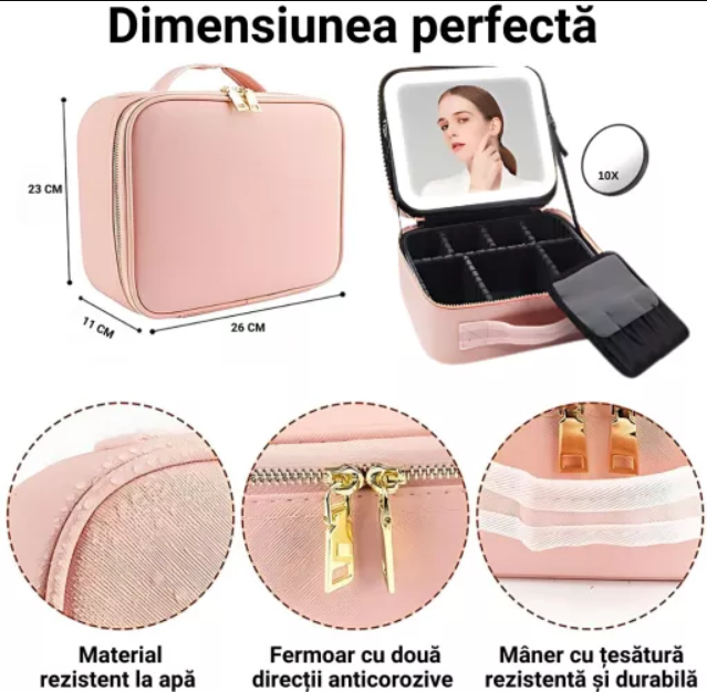 Geanta Cosmetice Pentru Make-up cu Oglinda LED cu Touch, 26x23x11 cm [2]