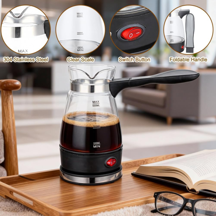 Ibric Electric pentru Cafea Turceasca, 800W, 500 ml, cu Oprire Automata, Vas Transparent, Silver Love [4]
