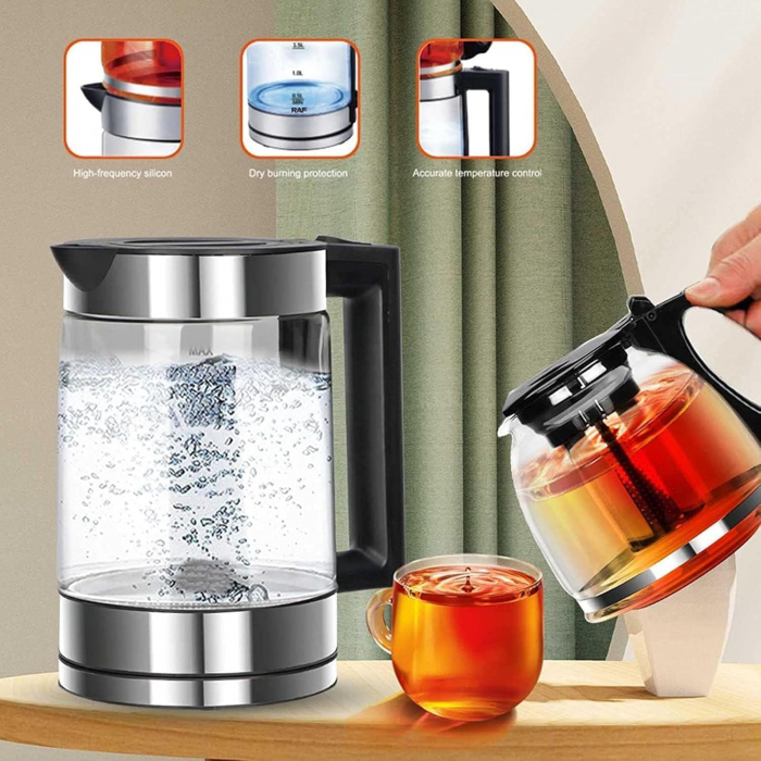 Incalzitor de Apa Electric MARADO cu Ceainic din Sticla, 2.2L, 1500W, LED, Pastrare Temperatura, Design Negru/Argintiu [7]