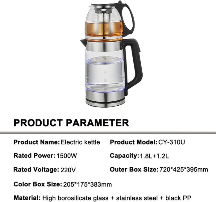 Incalzitor de Apa Electric MARADO cu Ceainic din Sticla, 2.2L, 1500W, LED, Pastrare Temperatura, Design Negru/Argintiu [5]