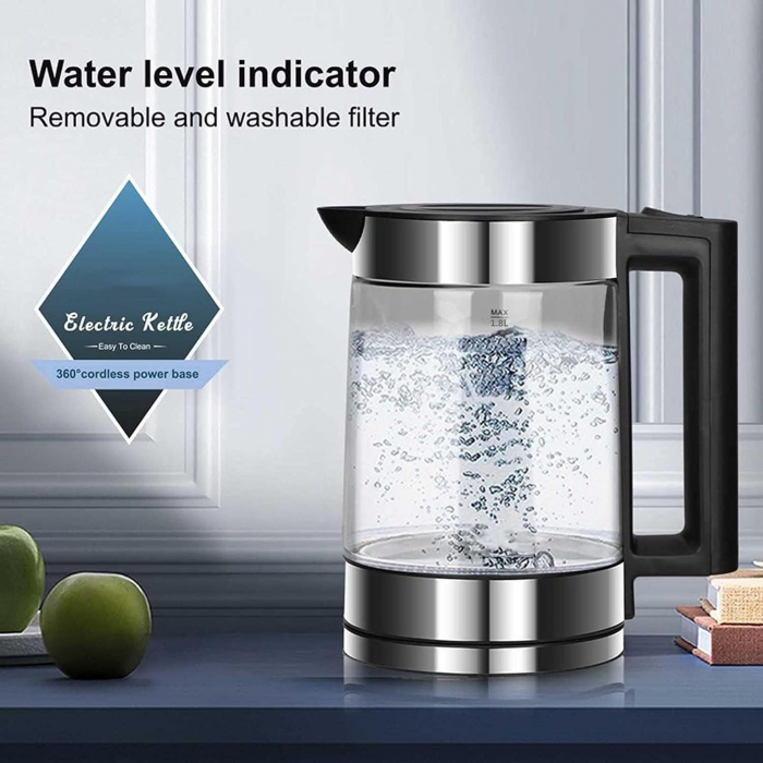 Incalzitor de Apa Electric MARADO cu Ceainic din Sticla, 2.2L, 1500W, LED, Pastrare Temperatura, Design Negru/Argintiu [6]