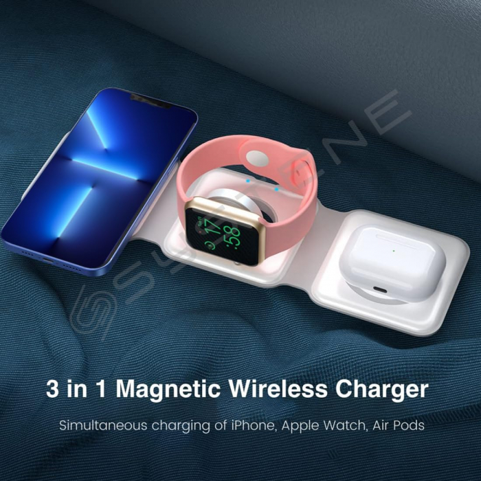 Incarcator Wireless cu inductie magnetica 3 in 1, 15W, pentru Telefon, Ceas, Casti [3]