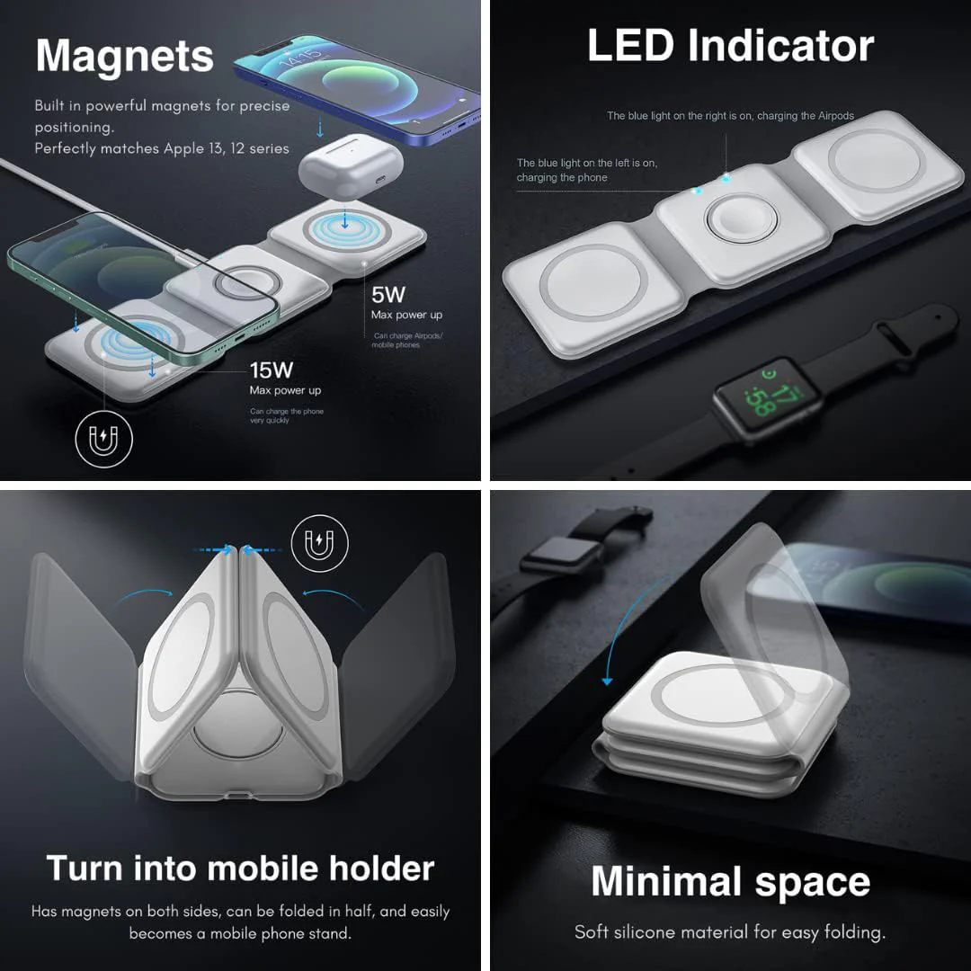 Incarcator Wireless cu inductie magnetica 3 in 1, 15W, pentru Telefon, Ceas, Casti [4]