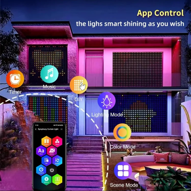 Instalatie Perdea, Control din Telefon, Animatii Customizabile, 400 LED-uri cu Bila, 3m x 2m, Smart Bluetooth Rgb+W, Cod QR aplicatie, Telecomanda [5]