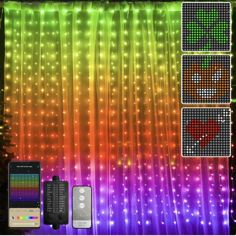 Instalatie Perdea, Control din Telefon, Animatii Customizabile, 400 LED-uri cu Bila, 3m x 2m, Smart Bluetooth Rgb+W, Cod QR aplicatie, Telecomanda [21]