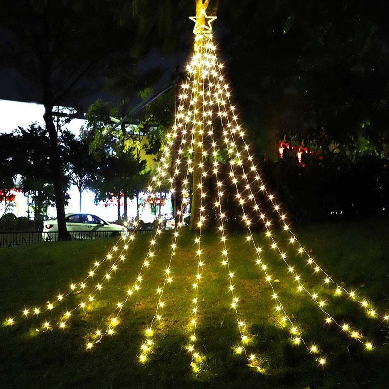 Instalatie perdea cu varf stea, 350 led, 9 franjuri, telecomanda, alb rece/alb cald/multicolor [8]