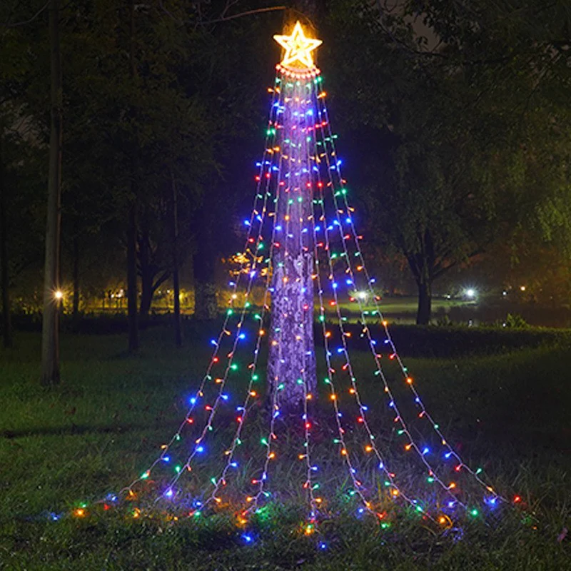 Instalatie perdea cu varf stea, 350 led, 9 franjuri, telecomanda, alb rece/alb cald/multicolor [7]