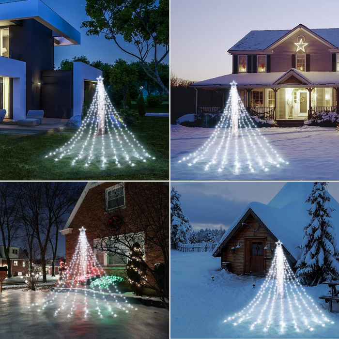 Instalatie perdea cu varf stea, 350 led, 9 franjuri, telecomanda, alb rece/alb cald/multicolor [3]