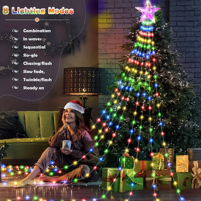 Instalatie perdea cu varf stea, 350 led, 9 franjuri, telecomanda, alb rece/alb cald/multicolor [4]
