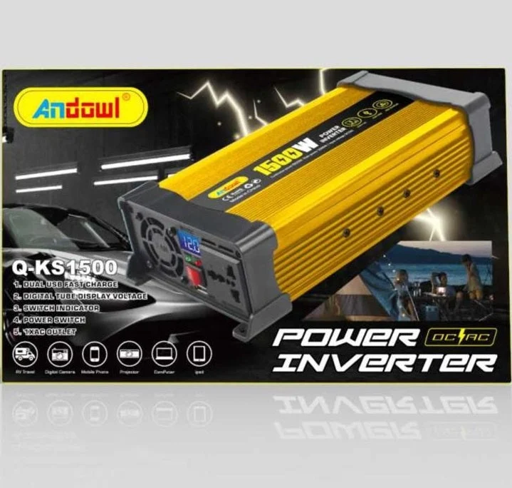 Invertor de tensiune auto Andowl KS1500, 1500W, 12V, 220V, 26 x 11 x 6.5cm, auriu [9]