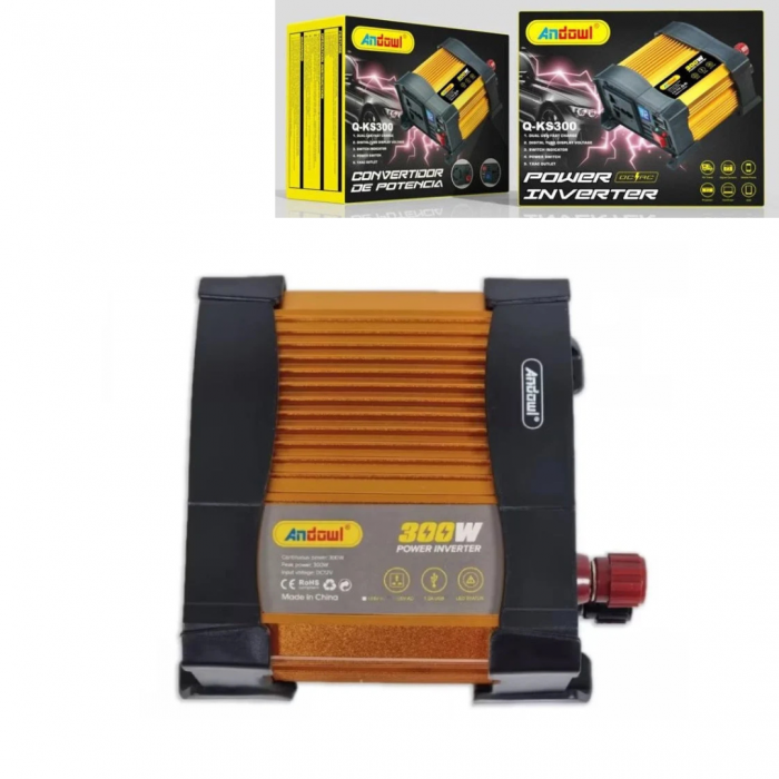 Invertor de tensiune auto Andowl KS300, 300W, 12V, 220V, 16 x 11 x 6.5cm, auriu [1]