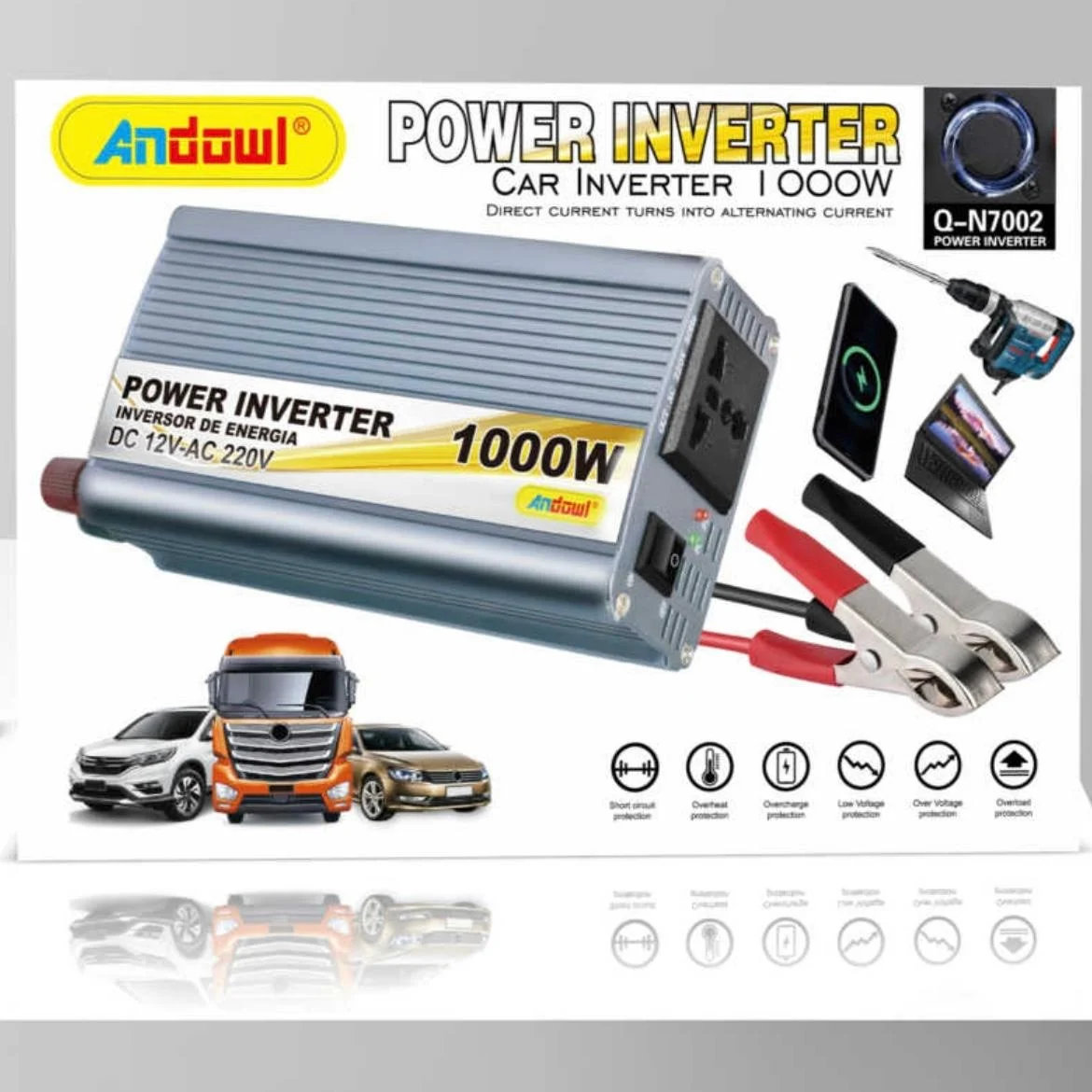 Invertor de tensiune auto Andowl N7002, 1000W, 12V, 220V, 16 x 11 x 6.5cm, auriu [4]
