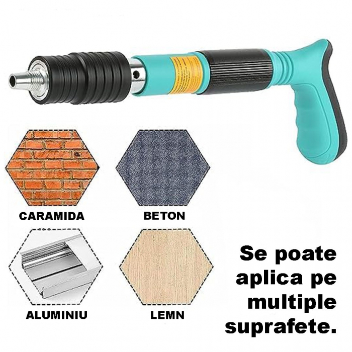 Kit Pistol de Batut Cuie pentru Perete, Beton, Lemn, Manual, Lungime 30 cm, Calibru 7.3 cm, Pneumatic, 20 nituri incluse, Ochelari + Dopuri Urechi [12]