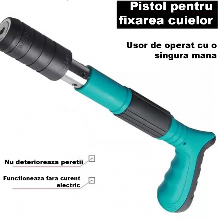 Kit Pistol de Batut Cuie pentru Perete, Beton, Lemn, Manual, Lungime 30 cm, Calibru 7.3 cm, Pneumatic, 20 nituri incluse, Ochelari + Dopuri Urechi [3]