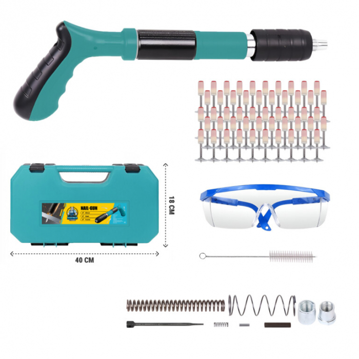 Kit Pistol de Batut Cuie pentru Perete, Beton, Lemn, Manual, Lungime 30 cm, Calibru 7.3 cm, Pneumatic, 20 nituri incluse, Ochelari + Dopuri Urechi [9]