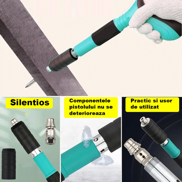 Kit Pistol de Batut Cuie pentru Perete, Beton, Lemn, Manual, Lungime 30 cm, Calibru 7.3 cm, Pneumatic, 20 nituri incluse, Ochelari + Dopuri Urechi [2]