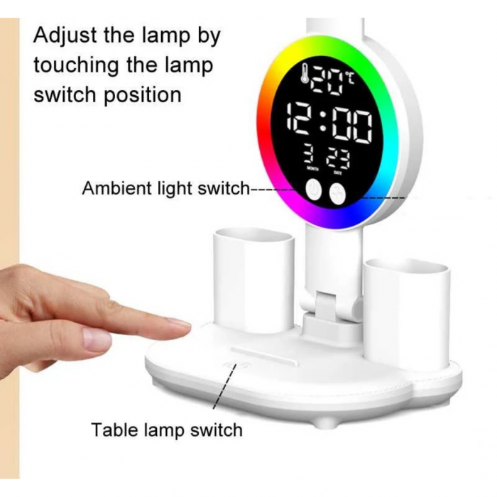Lampa LED tip veioza cu 4 capete, cu ecran RGB inteligent, data si temperatura, suport pentru pixuri, de birou [2]