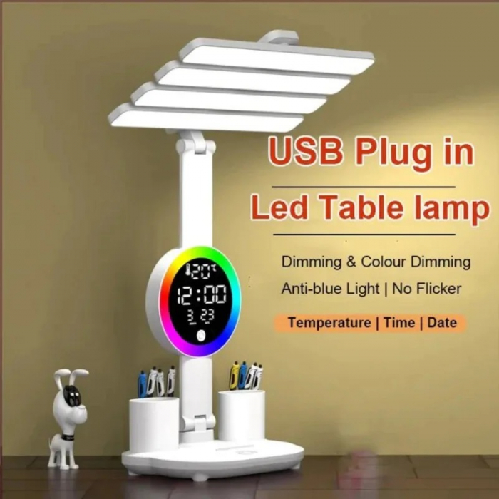 Lampa LED tip veioza cu 4 capete, cu ecran RGB inteligent, data si temperatura, suport pentru pixuri, de birou [5]