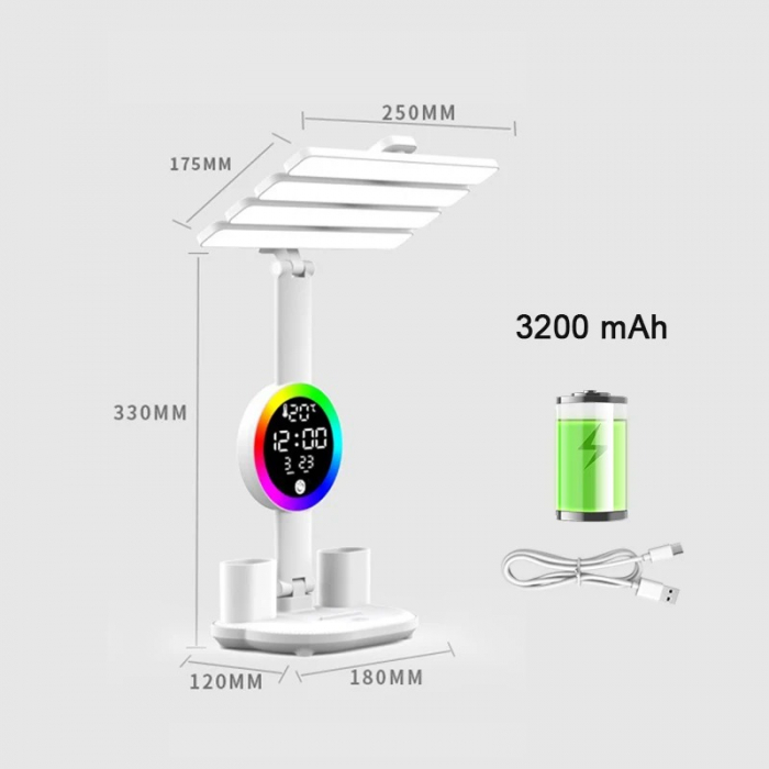 Lampa LED tip veioza cu 4 capete, cu ecran RGB inteligent, data si temperatura, suport pentru pixuri, de birou [6]
