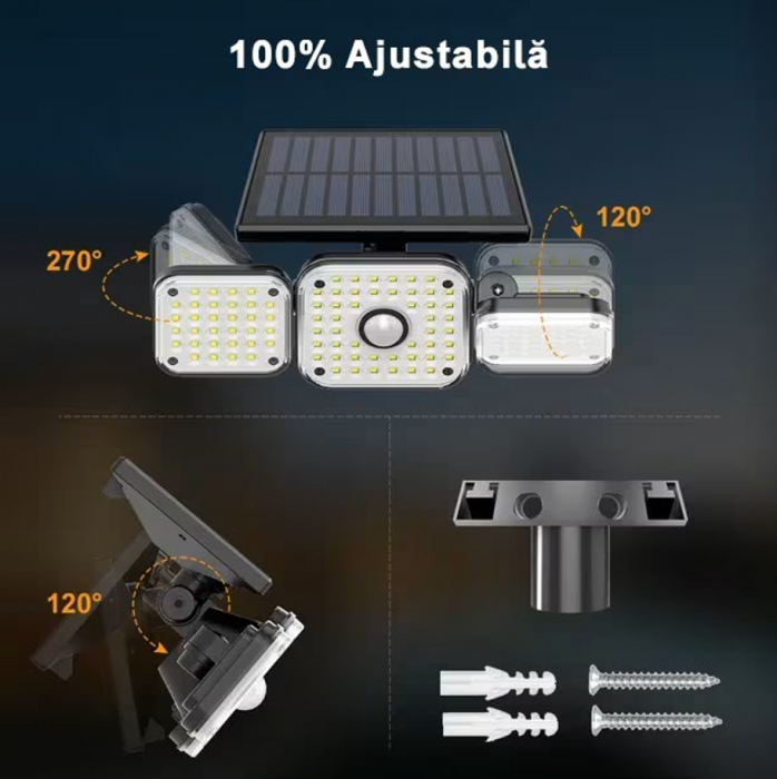 Lampa Solara de Exterior cu 3 capete, 74 LED-uri, Incarcare Solara Rapida, Autonomie 8-10 ore [12]
