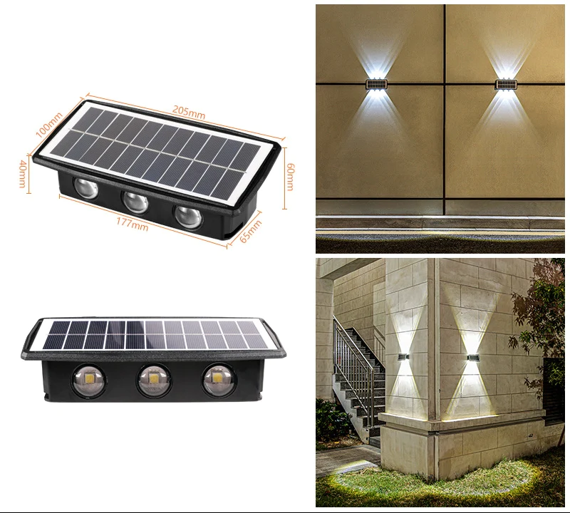Lampa solara LED bidirectionala dreptunghiulara pentru perete, 20.5x10 cm, 6 LED-uri, 5.5V, rezistenta la apa IP65, alb cald [3]