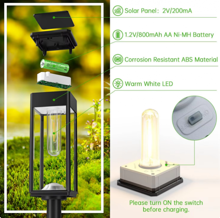 Lampa Solara Retro pentru gradina, infigere in pamant, senzor de lumina, alb cald, 1000 mAh, timp lung de functionare [7]