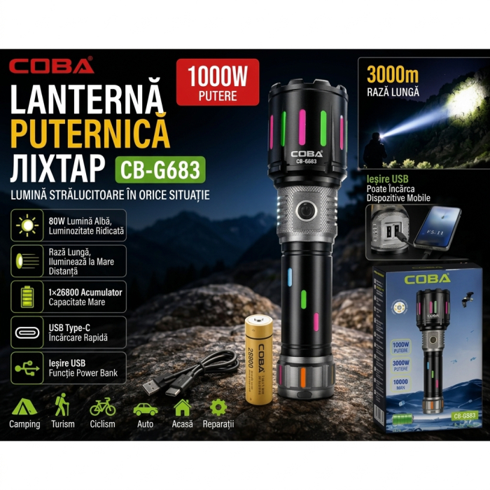 Lanterna Portabila cu Zoom, Baterie Externa, Acumulator 10.000 mAh, Incarcare Type-C, 20.5 x 6 cm, CB-G683 [5]