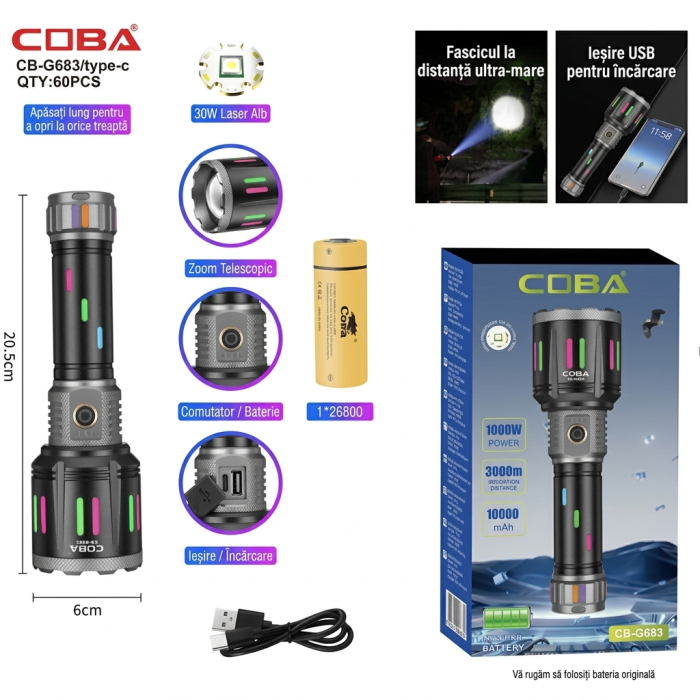 Lanterna Portabila cu Zoom, Baterie Externa, Acumulator 10.000 mAh, Incarcare Type-C, 20.5 x 6 cm, CB-G683 [8]