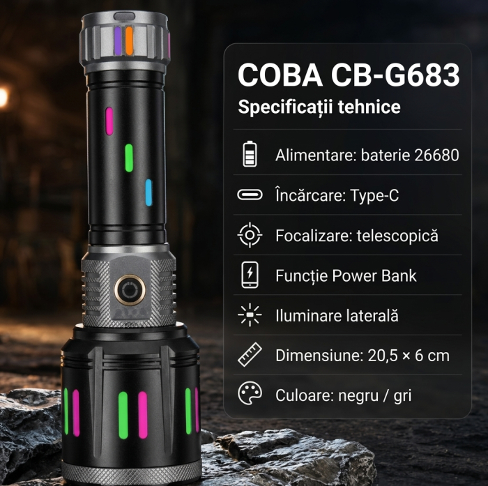 Lanterna Portabila cu Zoom, Baterie Externa, Acumulator 10.000 mAh, Incarcare Type-C, 20.5 x 6 cm, CB-G683 [4]