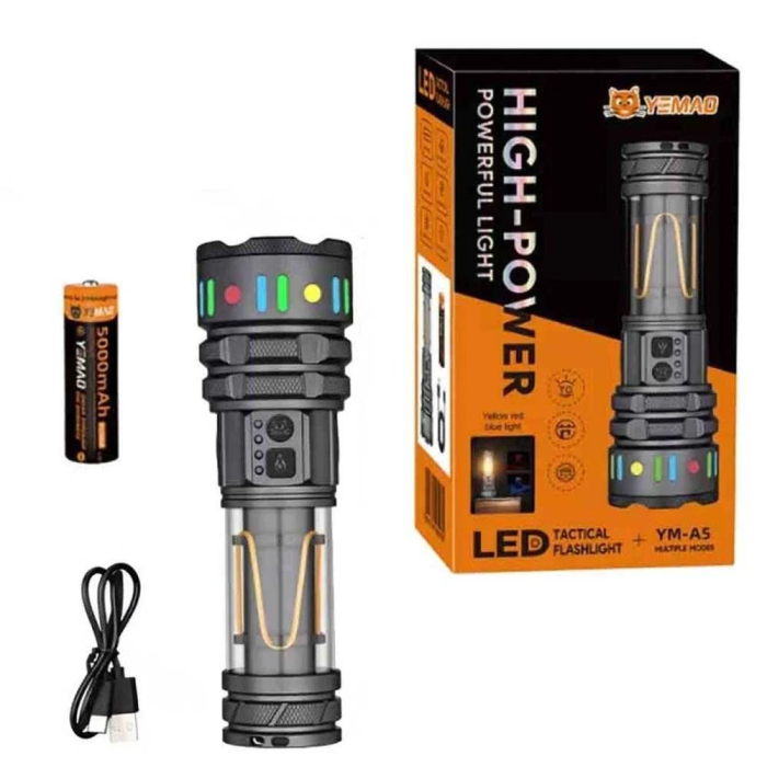Lanterna Profesionala LED, Raza 1500 m, Zoom, Functie Baterie Externa, Lumina Alba/Rosie/Albastra/Galbena, Acumulator 5000 mAh, YM-A5 [2]