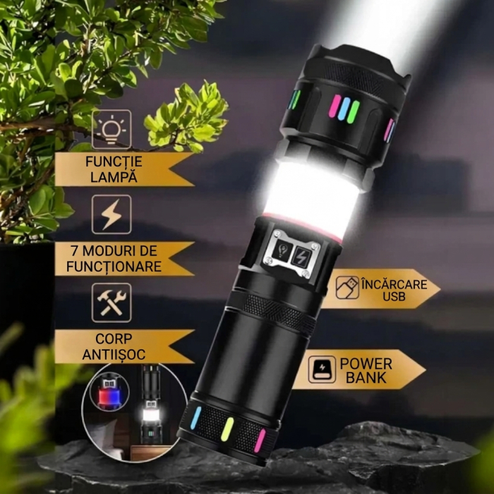 Lanterna puternica 3000M, Functie Baterie Externa, Acumulator 9000 mAh, Incarcare Type-C, Zoom, Lampa de Veghe Incorporata, G37Y [2]