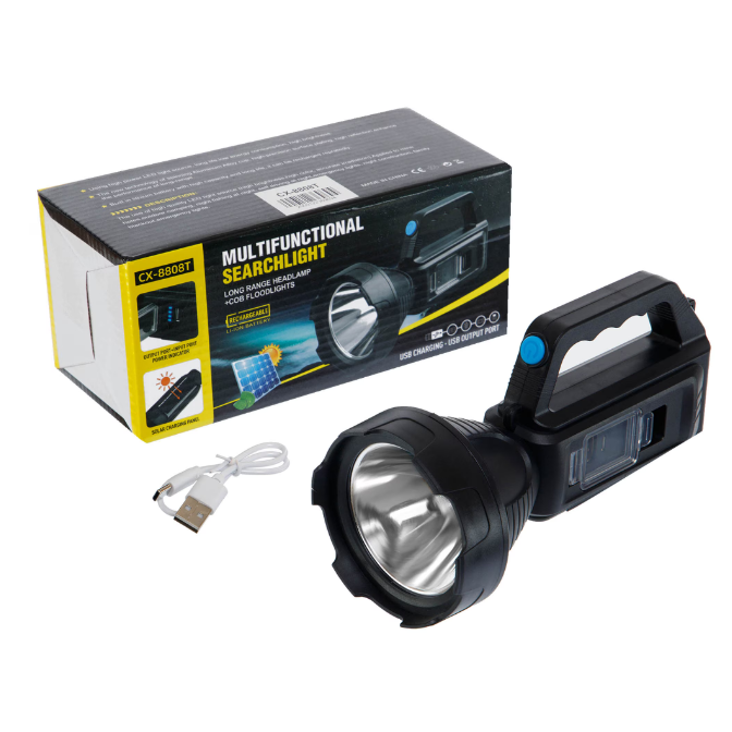 Lanterna Solara puternica 300 m, reincarcabila, functie Baterie Externa, Acumulator Li-Ion, PowerBank USB, LED lateral cu Indicator Baterie [1]