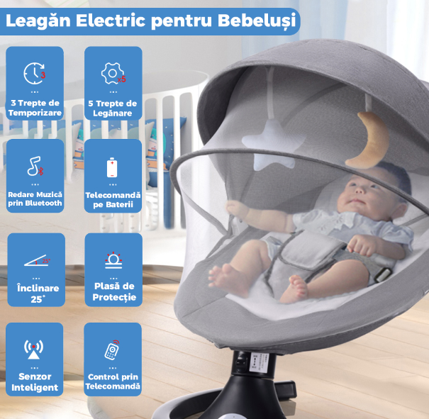 Leagan Balansoar Electric pentru bebe/copii, 5 moduri de unghi de balansare, 2 jucarii cu velcro, suport maxim 9 kg, Control Telecomanda si Telefon [2]