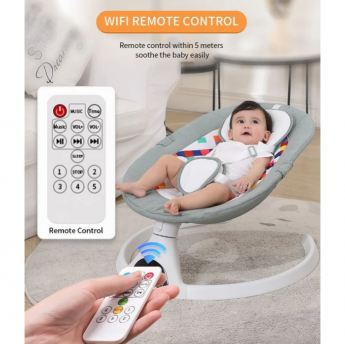 Leagan Balansoar Electric pentru bebe/copii, 5 moduri de unghi de balansare, 2 jucarii cu velcro, suport maxim 9 kg, Control Telecomanda si Telefon [13]