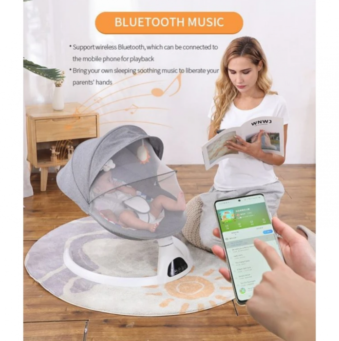 Leagan Balansoar Electric pentru bebe/copii, 5 moduri de unghi de balansare, 2 jucarii cu velcro, suport maxim 9 kg, Control Telecomanda si Telefon [5]