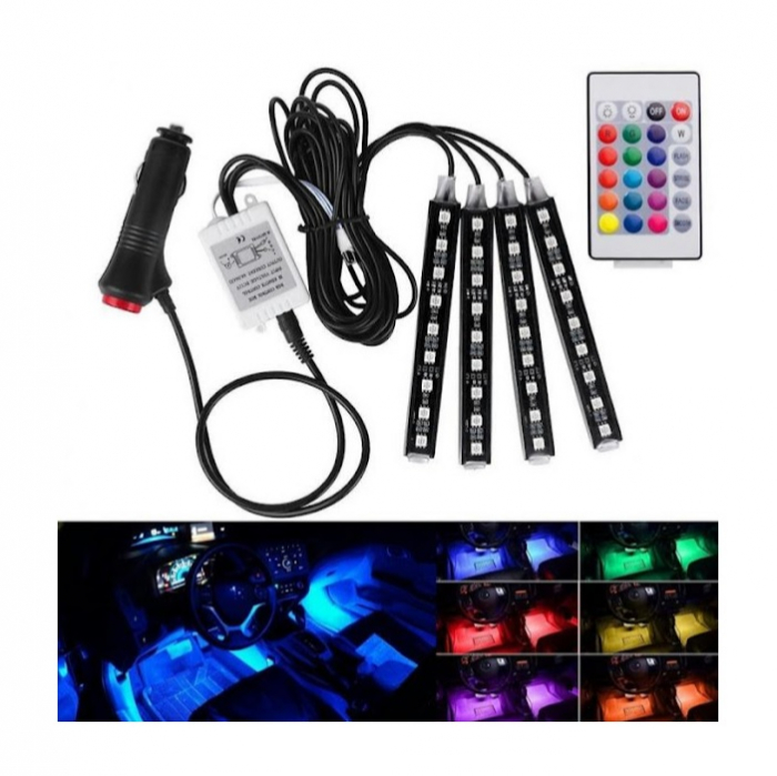 Lumini Ambientale Auto Kit 4 benzi LED RGB interior cu telecomanda [4]