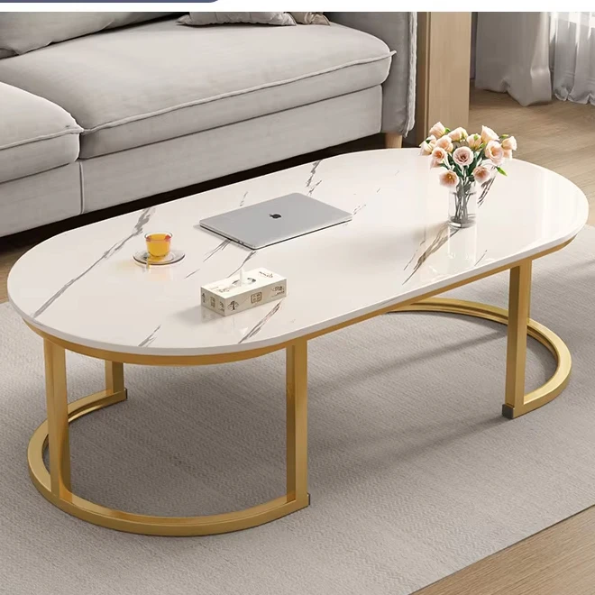 Masa de Cafea Moderna, 2 Piese, Imitatie Marmura Alba, Picioare Metalice, Design Luxury, pentru Living, Birou, Home Bar, Hol [4]