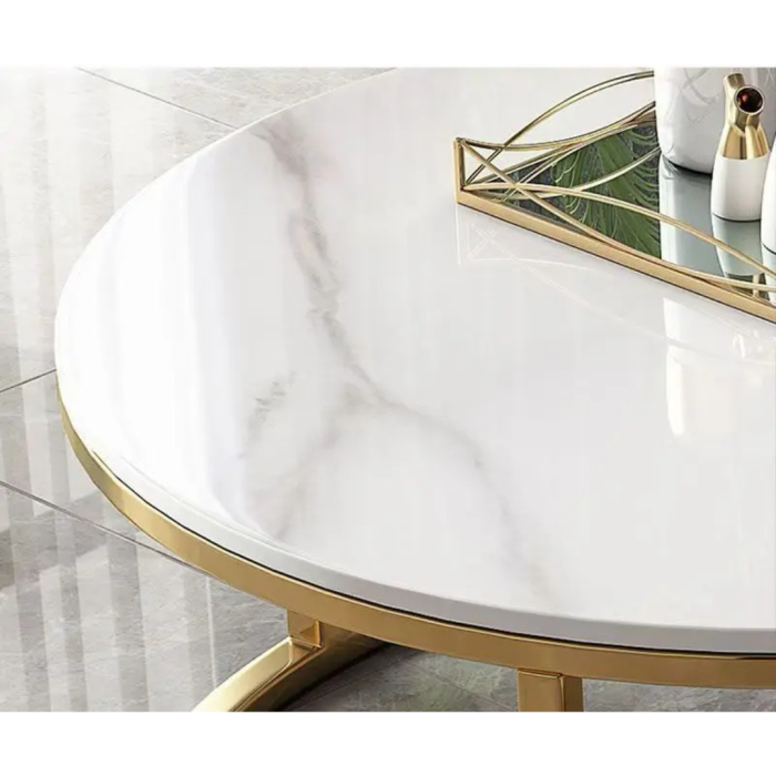 Masa de Cafea Moderna, 2 Piese, Imitatie Marmura Alba, Picioare Metalice, Design Luxury, pentru Living, Birou, Home Bar, Hol [5]