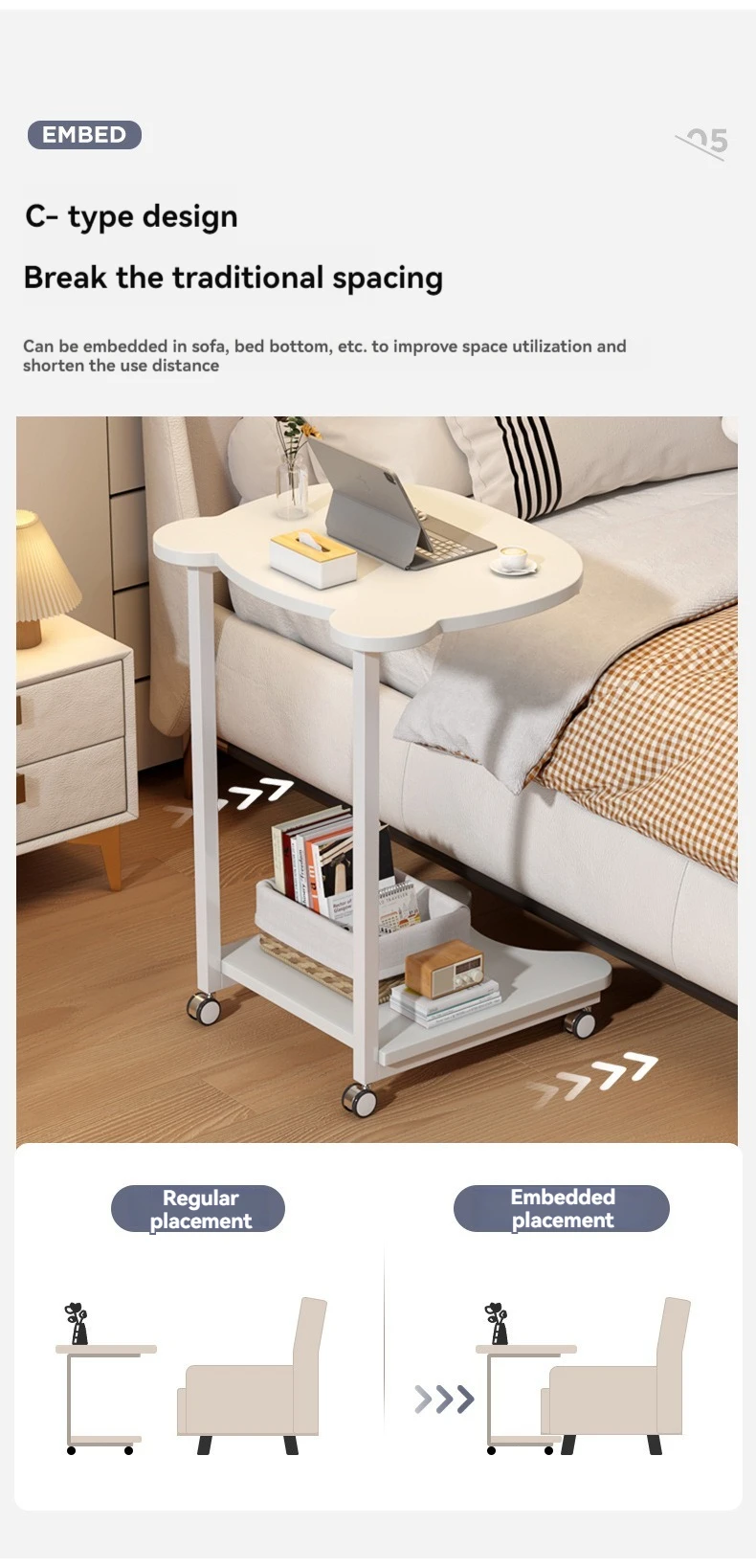 Masa laterala tip C cu rafturi si roti, moderna, pentru living si dormitor, compacta si multifunctionala, Alb [3]