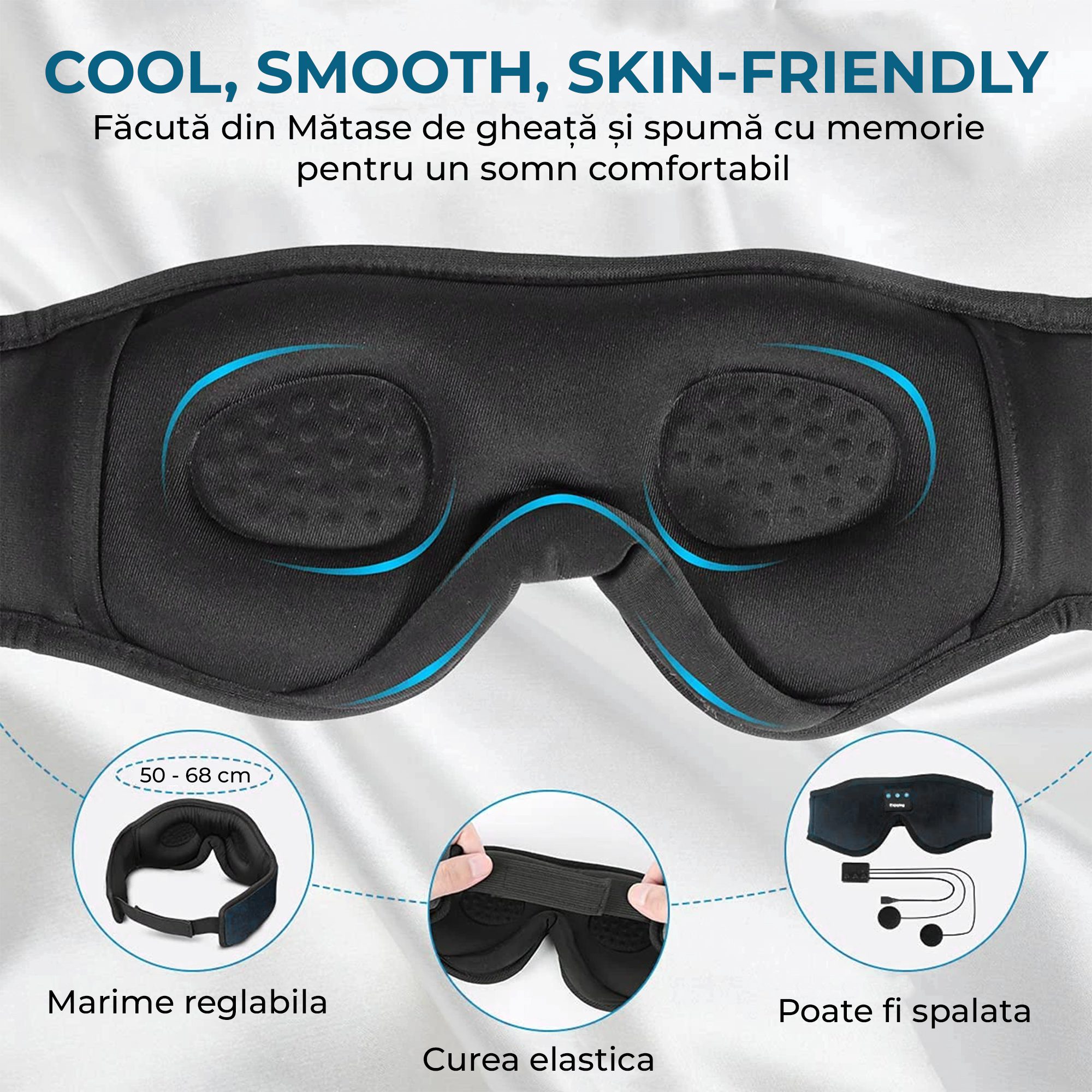 Masca de dormit cu Casti Wireless, Microfon, Bluetooth, spuma de memorie pentru somn, calatorie, reglabila [5]