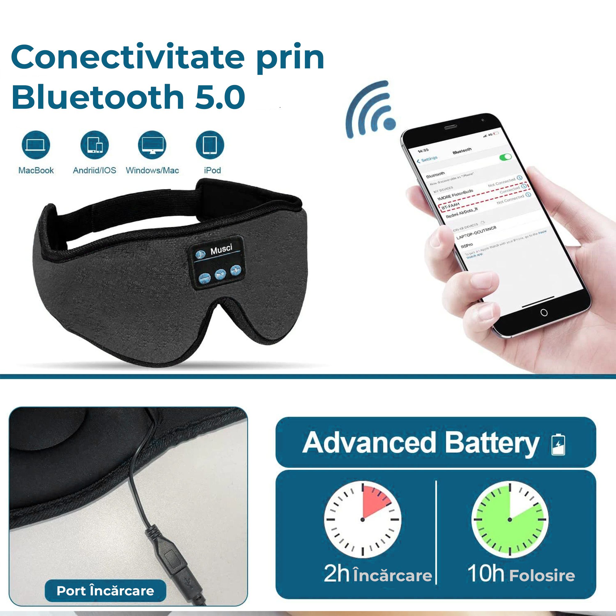 Masca de dormit cu Casti Wireless, Microfon, Bluetooth, spuma de memorie pentru somn, calatorie, reglabila [3]