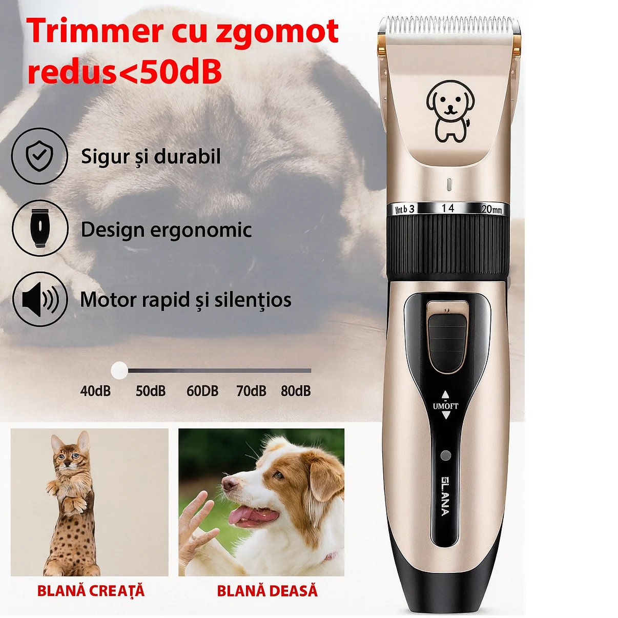 Masina de Tuns Caini si Pisici cu Acumulator, Reincarcabila USB, Accesorii, 4 Capete Reglabile, Foarfeca, Pieptan, Cleste unghii [3]