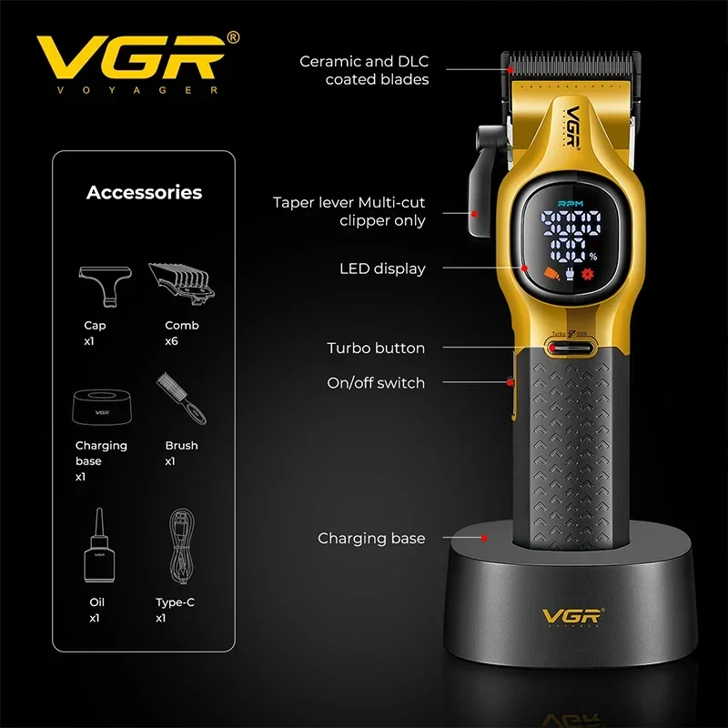 Masina de Tuns Profesionala VGR, Stand de Incarcare, Lame din Otel Inoxidabil, Turbo, Display LED, Autonomie 4 ore, Auriu, V-886C [4]