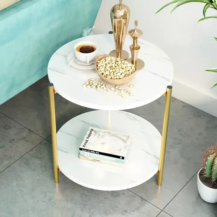 Masuta de Cafea cu 2 Nivele, Imitatie Marmura Alba, Design Modern, Picioare Aurii – Living Elegant [2]