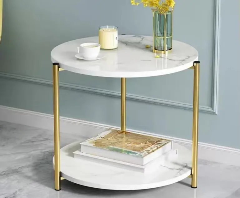 Masuta de Cafea cu 2 Nivele, Imitatie Marmura Alba, Design Modern, Picioare Aurii – Living Elegant [4]