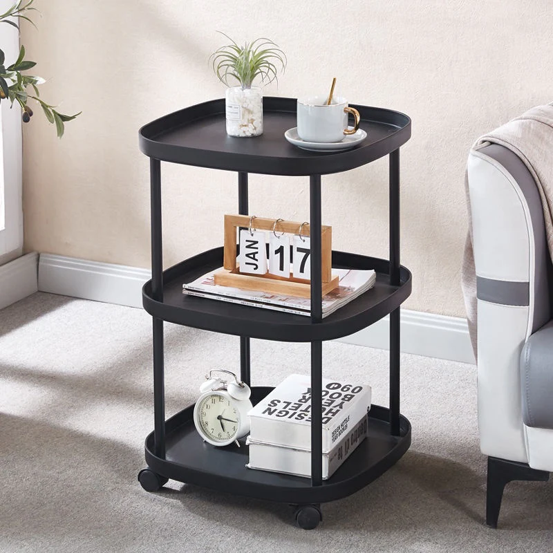Masuta Rotunda cu Roti si 3 Niveluri, Multifunctionala, pentru Living si Dormitor, 62x39cm, Negru/Alb [7]