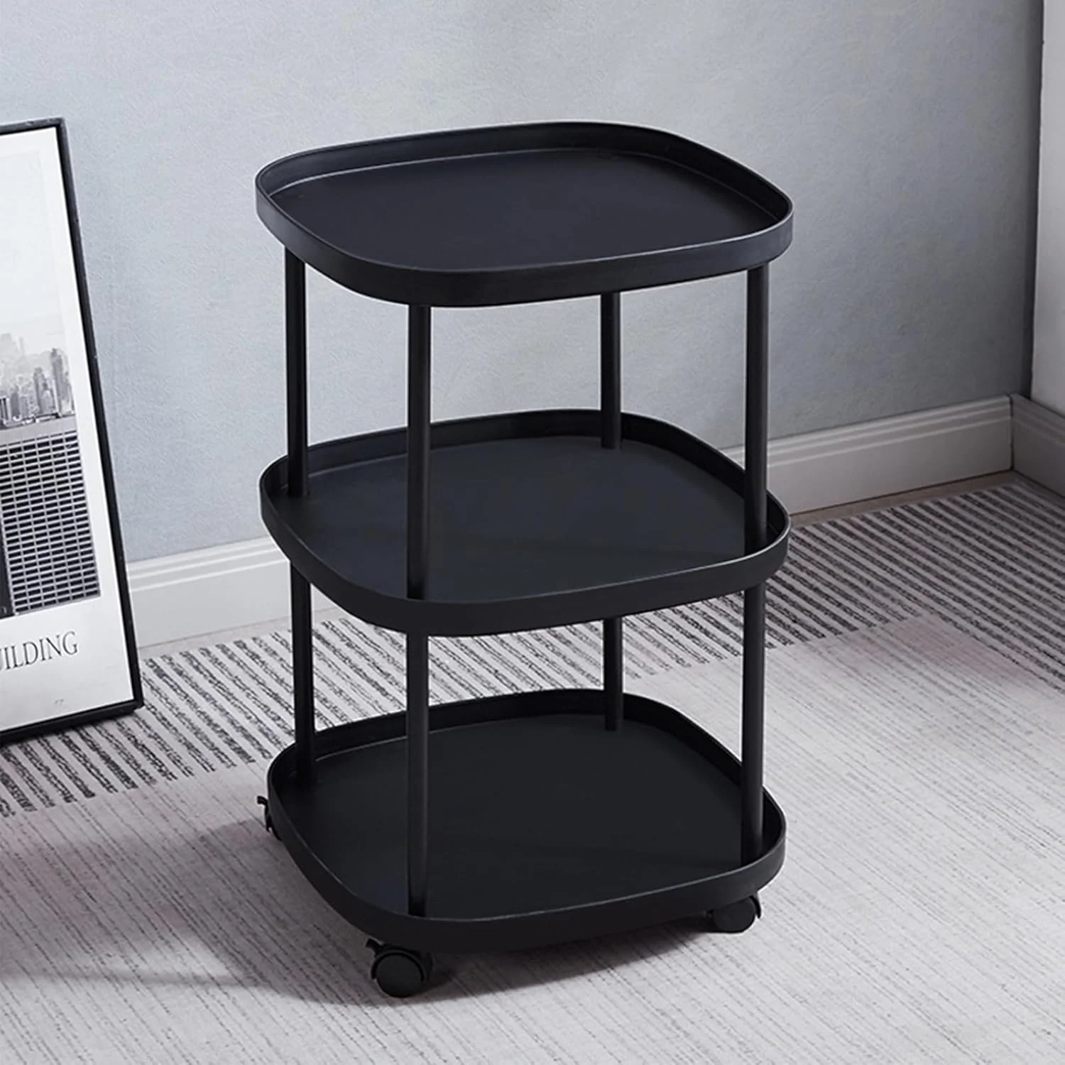 Masuta Rotunda cu Roti si 3 Niveluri, Multifunctionala, pentru Living si Dormitor, 62x39cm, Negru/Alb [2]