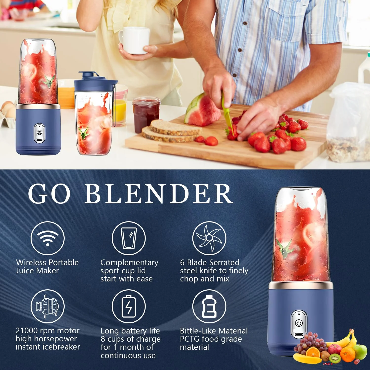 Mini Blender Portabil Electric, Cu Acumulator, 2 Recipiente, 6 Lame 3D, 300 ml, 40W, Capac Inclus [2]